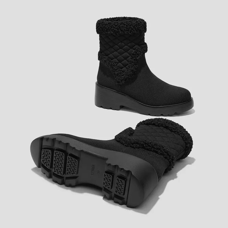 Fluffy Round-Toe Platform Chunky Wedge Boots (Emilia)