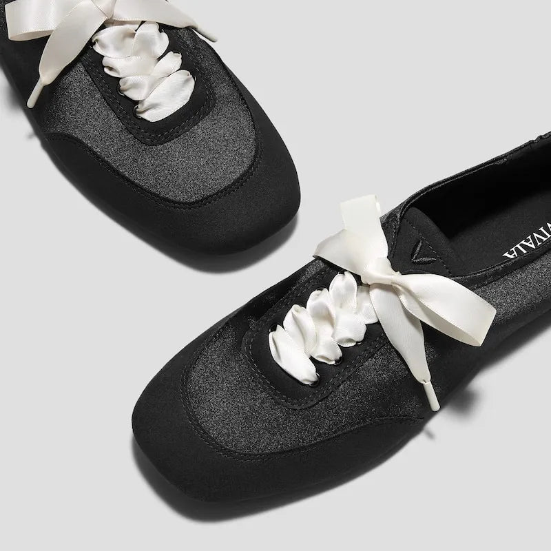 3 Laces Included Square-Toe Lace-Up Satin Sneakerina (Cristina)