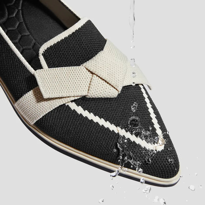 Water-Repellent Pointed-Toe Bow Loafers (Valentina）