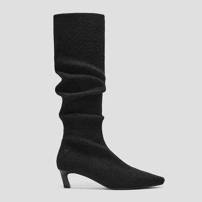 Mini Square-Toe Slouchy Knee-High Kitten Heel Boots (Rumi)