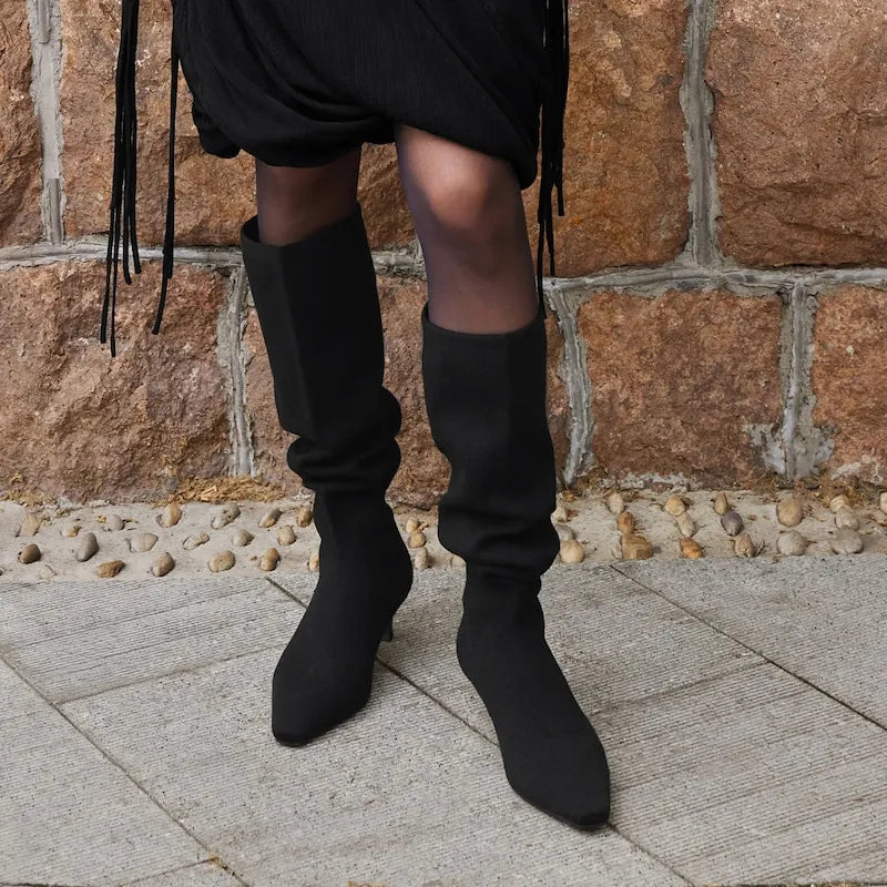 Mini Square-Toe Slouchy Knee-High Kitten Heel Boots (Rumi)