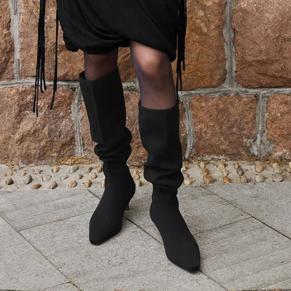 Mini Square-Toe Slouchy Knee-High Kitten Heel Boots (Rumi)