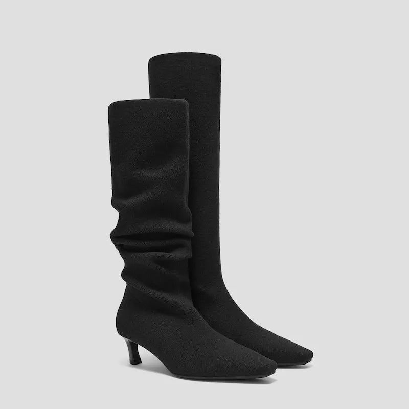 Mini Square-Toe Slouchy Knee-High Kitten Heel Boots (Rumi)