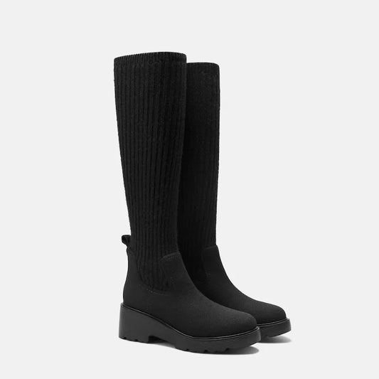 Round-Toe Knee-High Wool Wedge Boots (Eduarda)