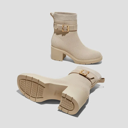 Square-Toe Water-Repellent Heeled Boots (Gisella)