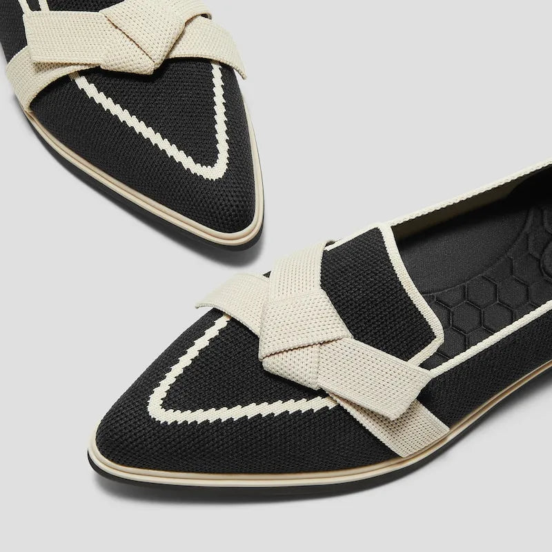 Water-Repellent Pointed-Toe Bow Loafers (Valentina）