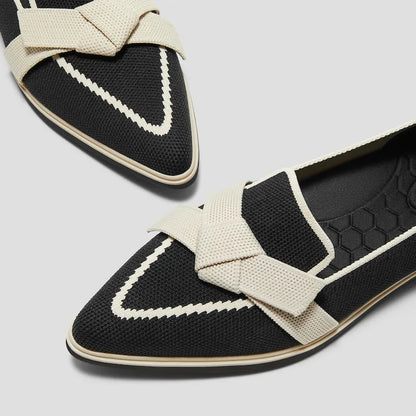 Water-Repellent Pointed-Toe Bow Loafers (Valentina）
