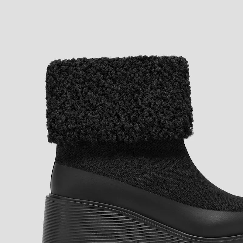 Faux Fur Platform Chunky Wedge Boots（Elaine）